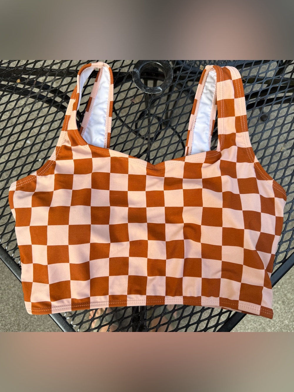 Checkerboard bikini top in Rust and Light Pink